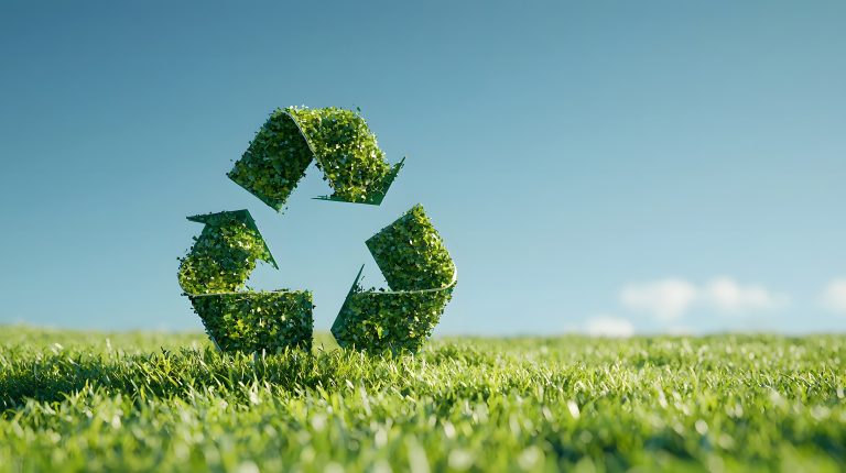 Green Recycling Symbol Made of Grass on Fresh Meadow Background